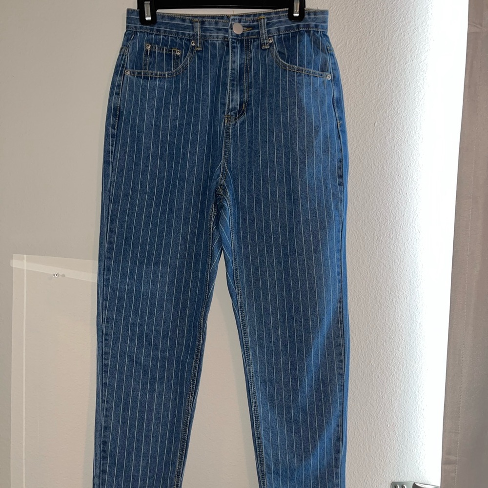 Nasty Gal- Denim Mom Jeans with White Pinstripes